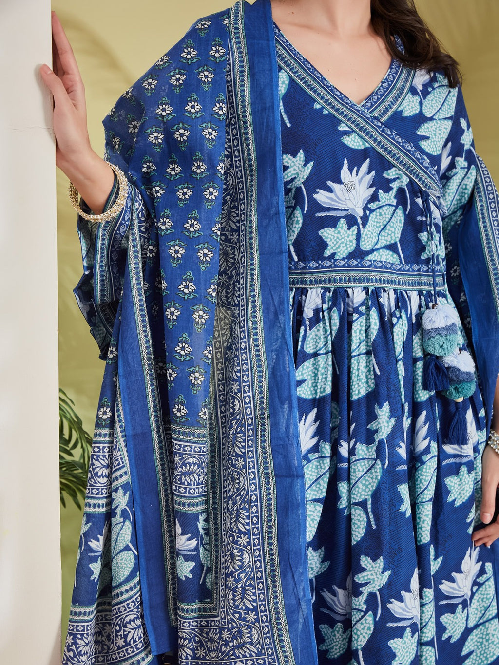 Women’s Blue Floral Print Pure Cotton Angrakha Anarkali Kurta Set with Trousers & Dupatta
