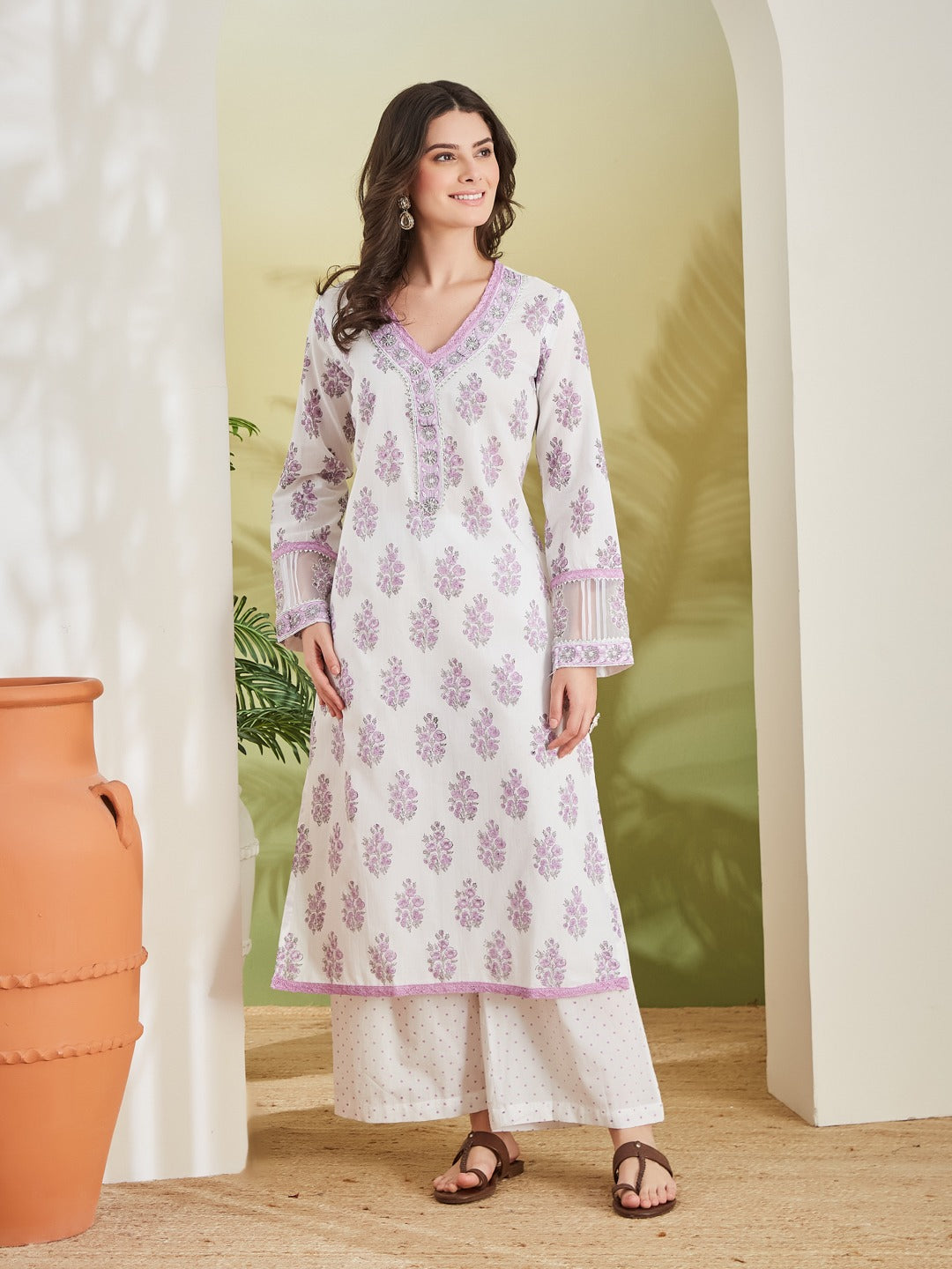 Hand Block White & Lavender Pure Cotton Kurta Set With Palazzos & Kota Doria Dupatta