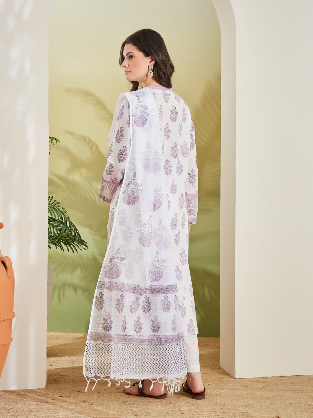 Hand Block White & Lavender Pure Cotton Kurta Set With Palazzos & Kota Doria Dupatta