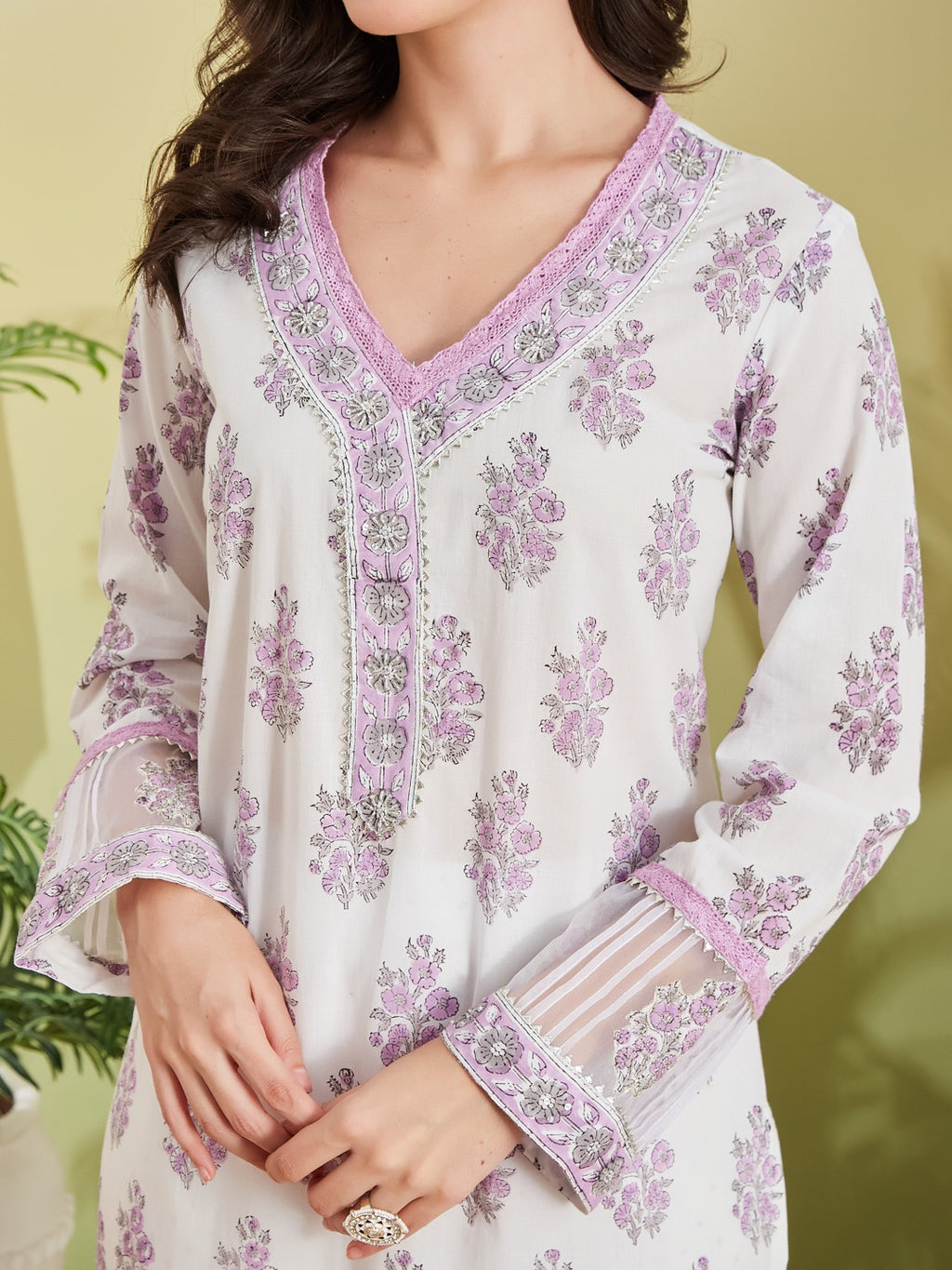 Hand Block White & Lavender Pure Cotton Kurta Set With Palazzos & Kota Doria Dupatta