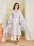 Hand Block White & Lavender Pure Cotton Kurta Set With Palazzos & Kota Doria Dupatta