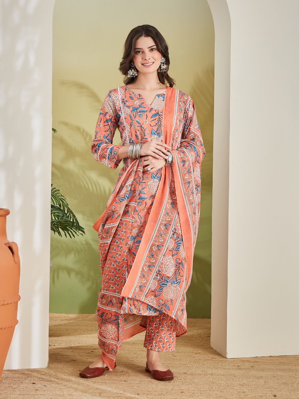 Floral Printed Pure Cotton Straight Fit Orange Kurta Set With Trousers & Dupatta
