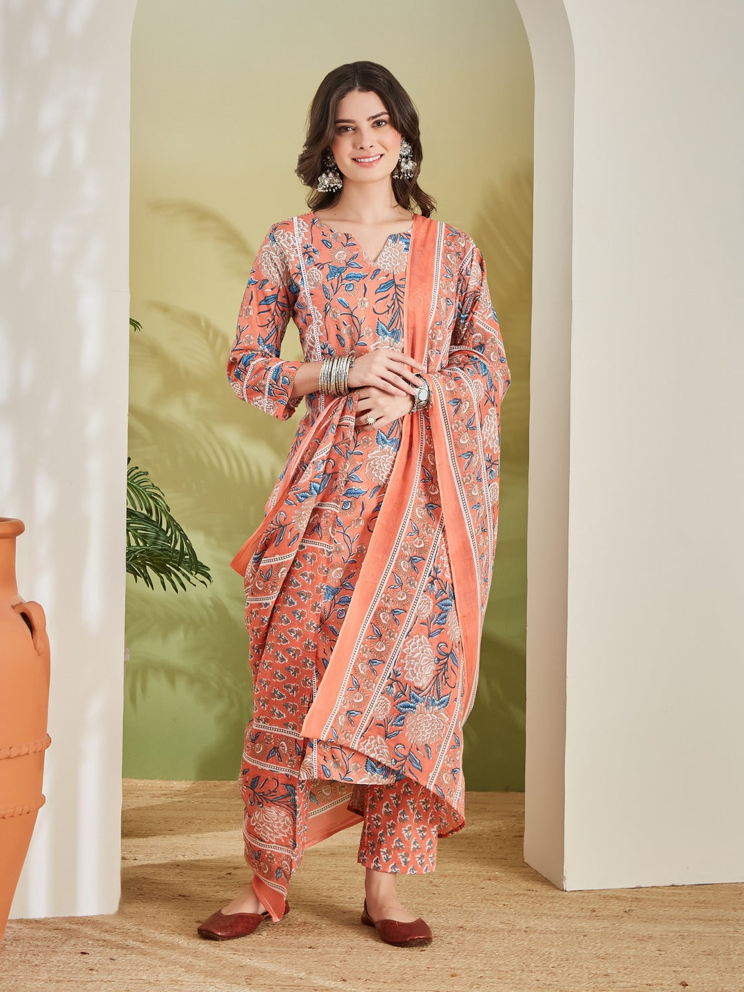 Floral Printed Pure Cotton Straight Fit Orange Kurta Set With Trousers & Dupatta