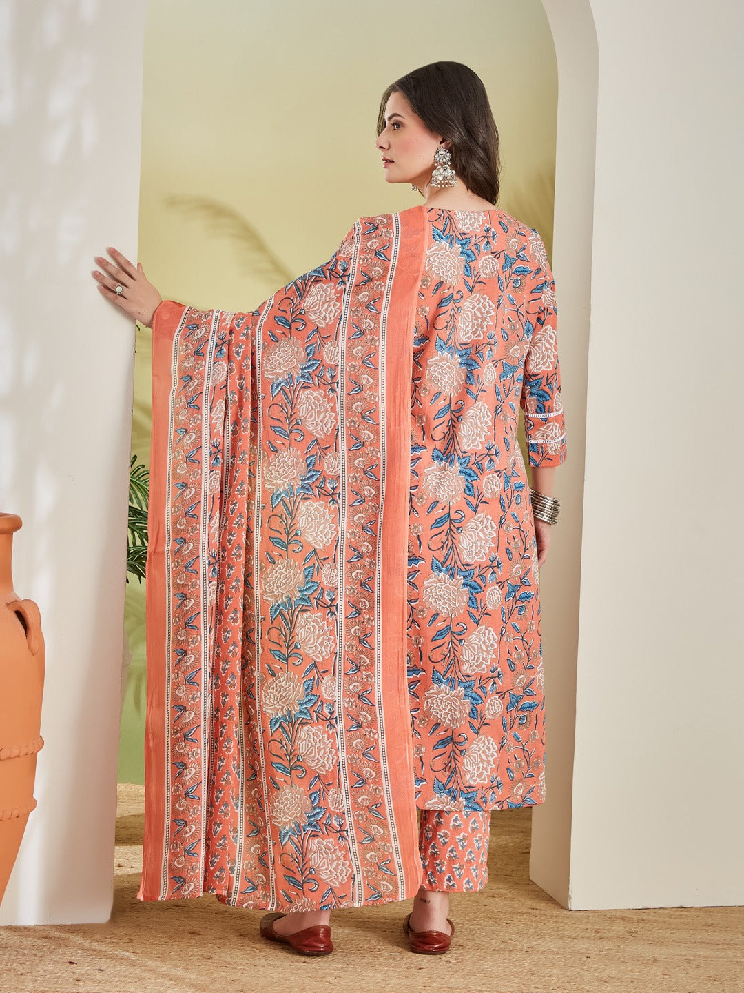 Floral Printed Pure Cotton Straight Fit Orange Kurta Set With Trousers & Dupatta