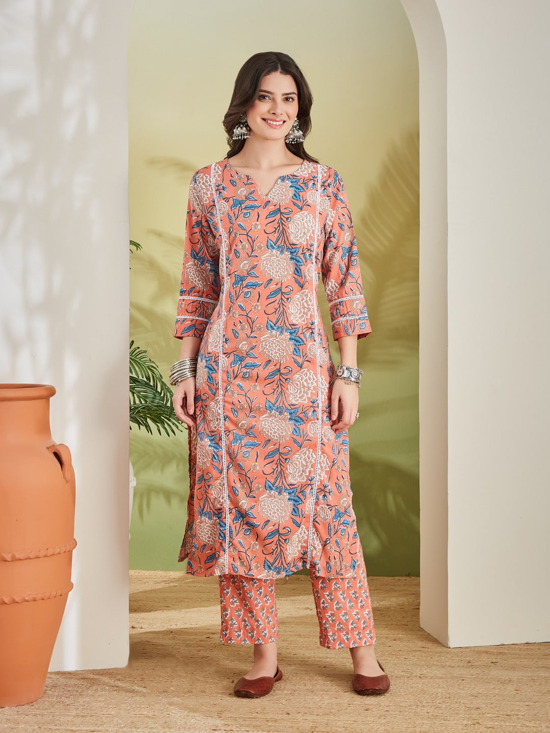 Floral Printed Pure Cotton Straight Fit Orange Kurta Set With Trousers & Dupatta