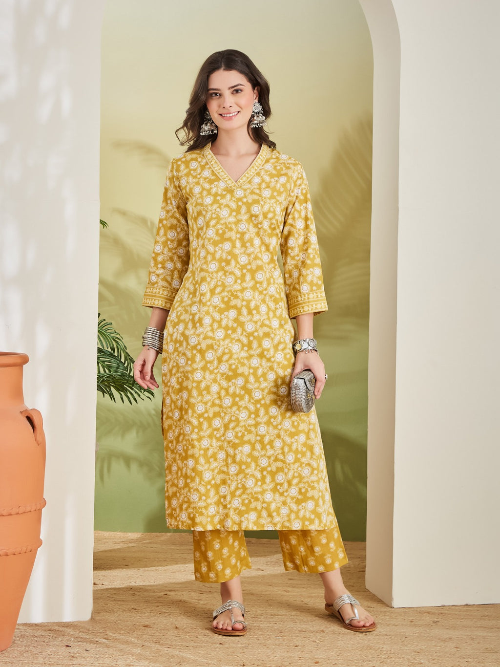 Floral Printed Pure Cotton A-Line Yellow Kurta With Pants
