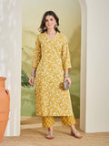 Floral Printed Pure Cotton A-Line Yellow Kurta With Pants