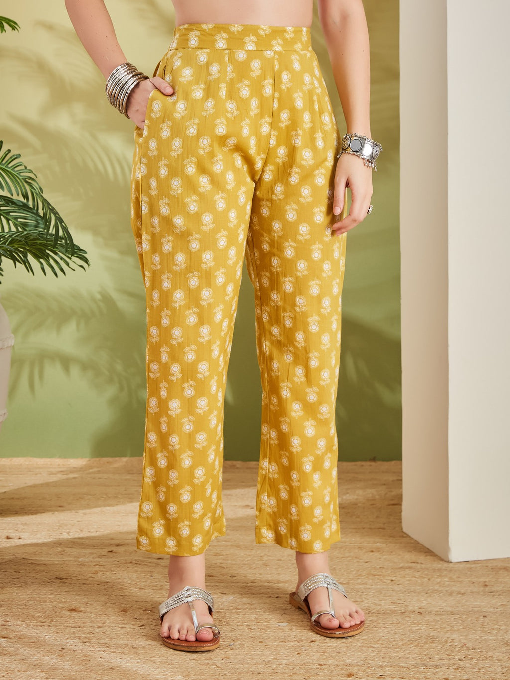 Floral Printed Pure Cotton A-Line Yellow Kurta With Pants