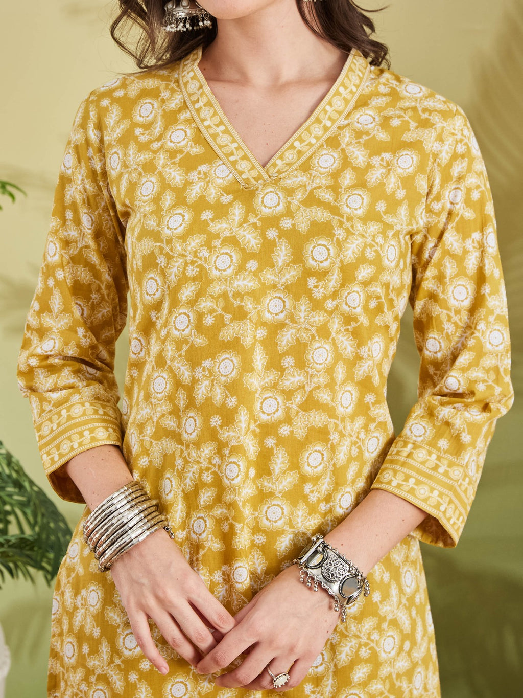 Floral Printed Pure Cotton A-Line Yellow Kurta With Pants