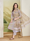 Hand Block Printed Pure Cotton Straight Fit Purple Kurta With Trousers & Kota Doria Dupatta