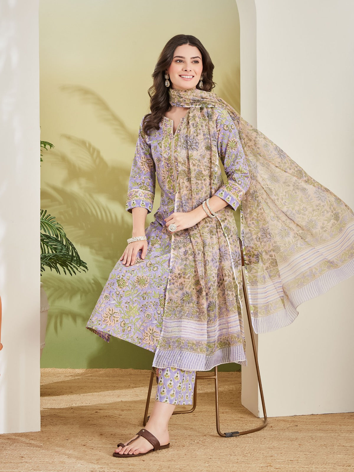 Hand Block Printed Pure Cotton Straight Fit Purple Kurta With Trousers & Kota Doria Dupatta