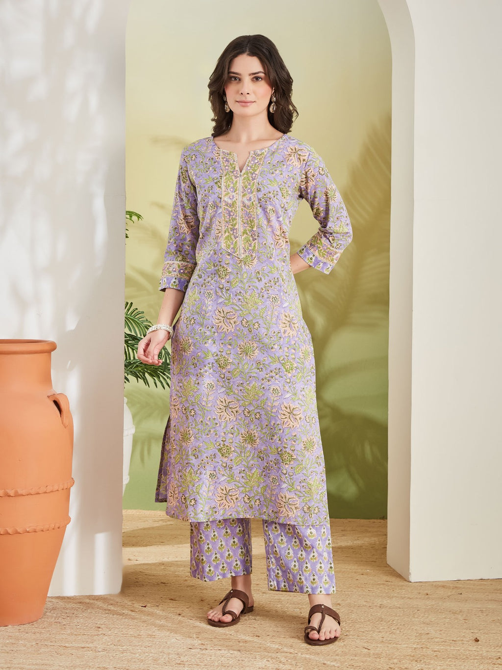 Hand Block Printed Pure Cotton Straight Fit Purple Kurta With Trousers & Kota Doria Dupatta