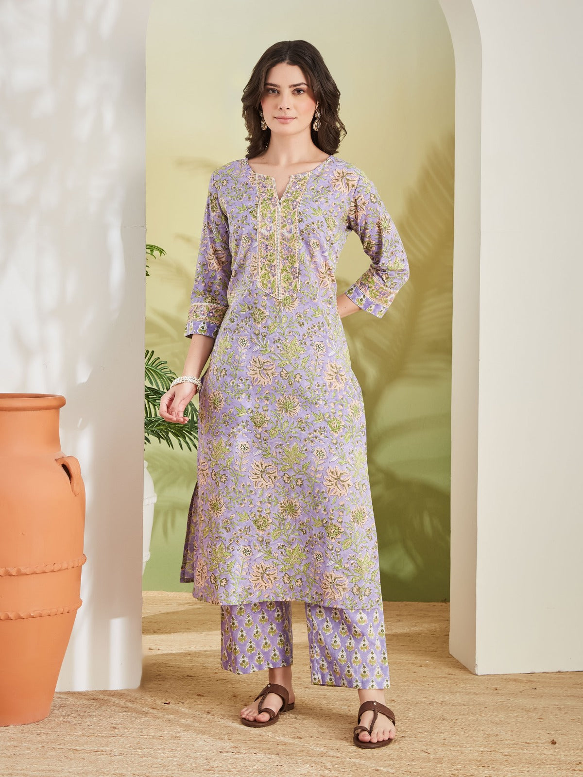 Hand Block Printed Pure Cotton Straight Fit Purple Kurta With Trousers & Kota Doria Dupatta