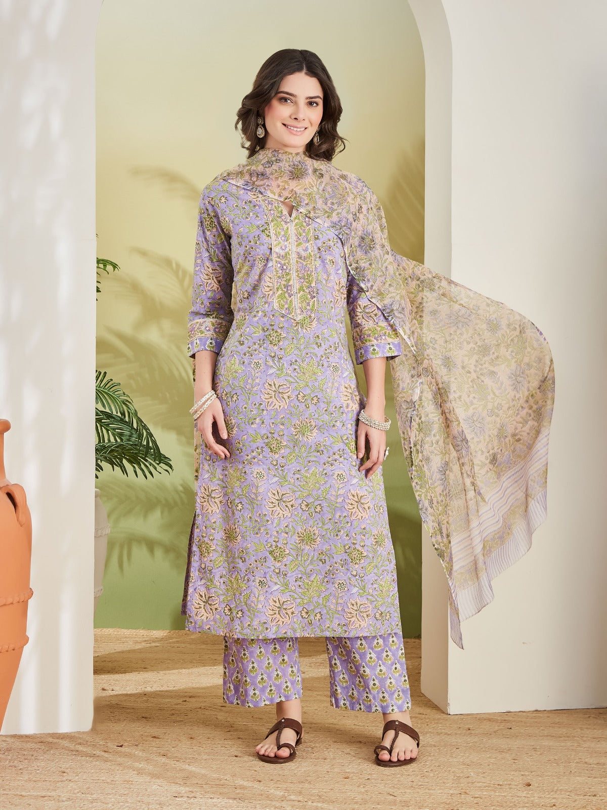 Hand Block Printed Pure Cotton Straight Fit Purple Kurta With Trousers & Kota Doria Dupatta