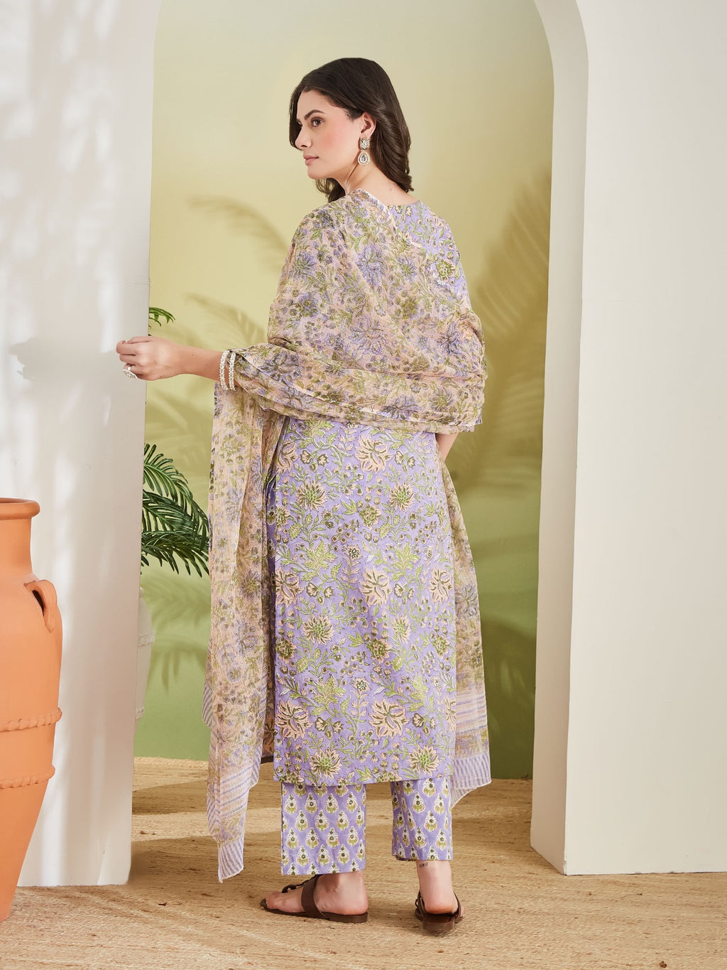 Hand Block Printed Pure Cotton Straight Fit Purple Kurta With Trousers & Kota Doria Dupatta