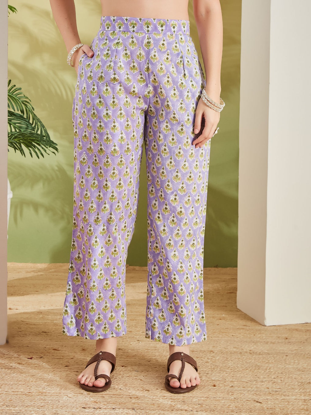 Hand Block Printed Pure Cotton Straight Fit Purple Kurta With Trousers & Kota Doria Dupatta