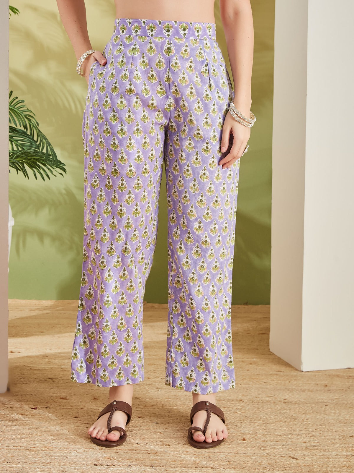 Hand Block Printed Pure Cotton Straight Fit Purple Kurta With Trousers & Kota Doria Dupatta