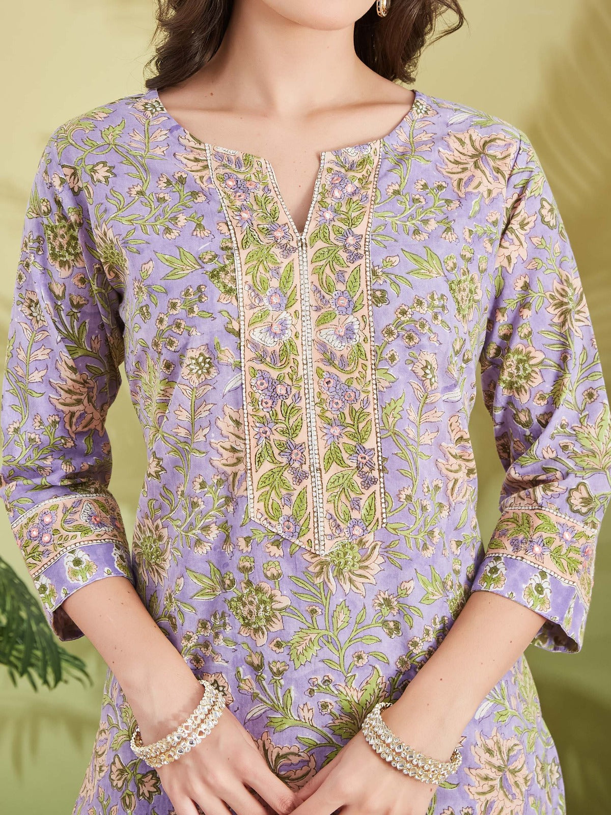 Hand Block Printed Pure Cotton Straight Fit Purple Kurta With Trousers & Kota Doria Dupatta