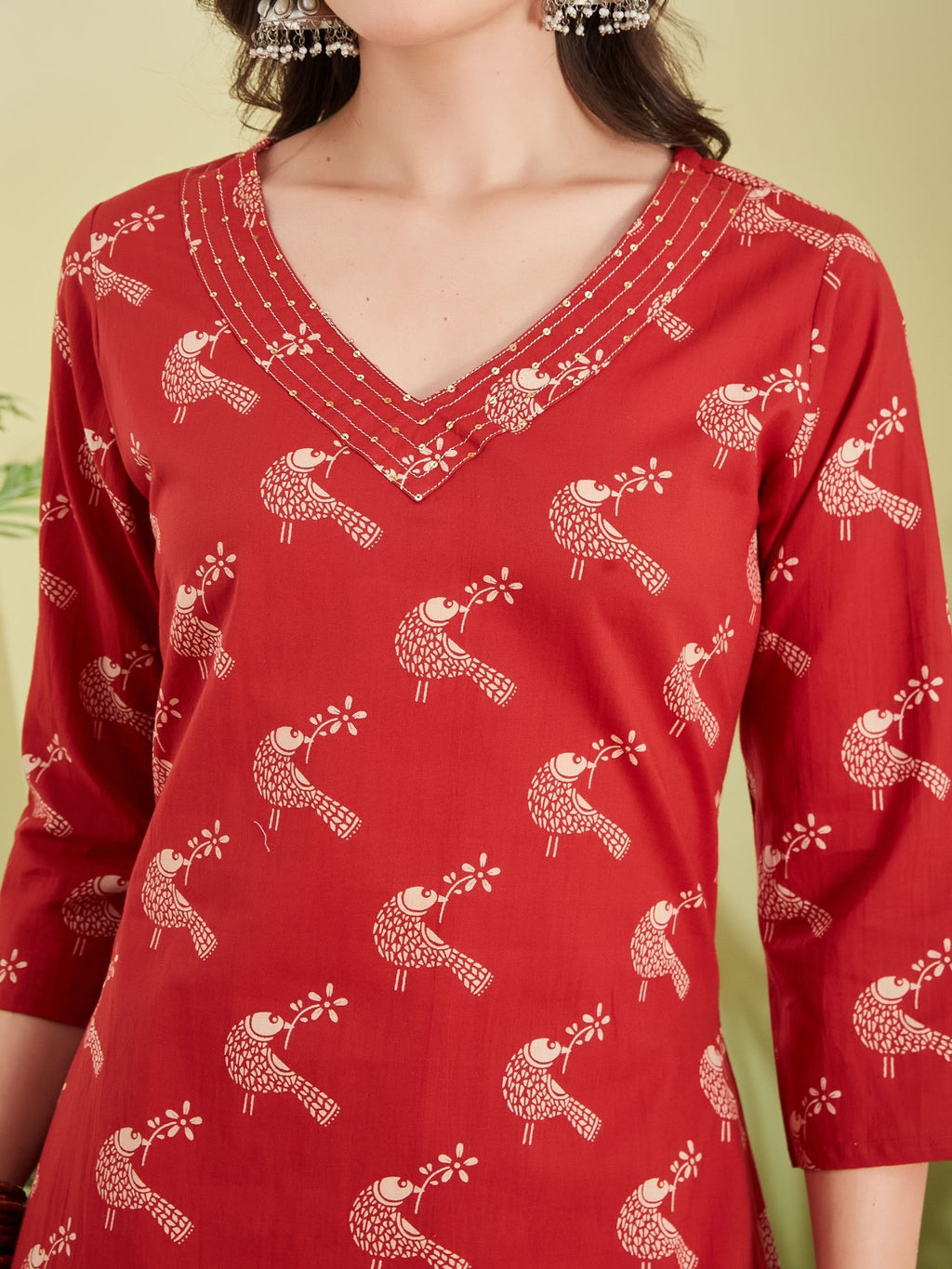 Pure Cotton Quirky Print A-Line Red Kurta With Pants