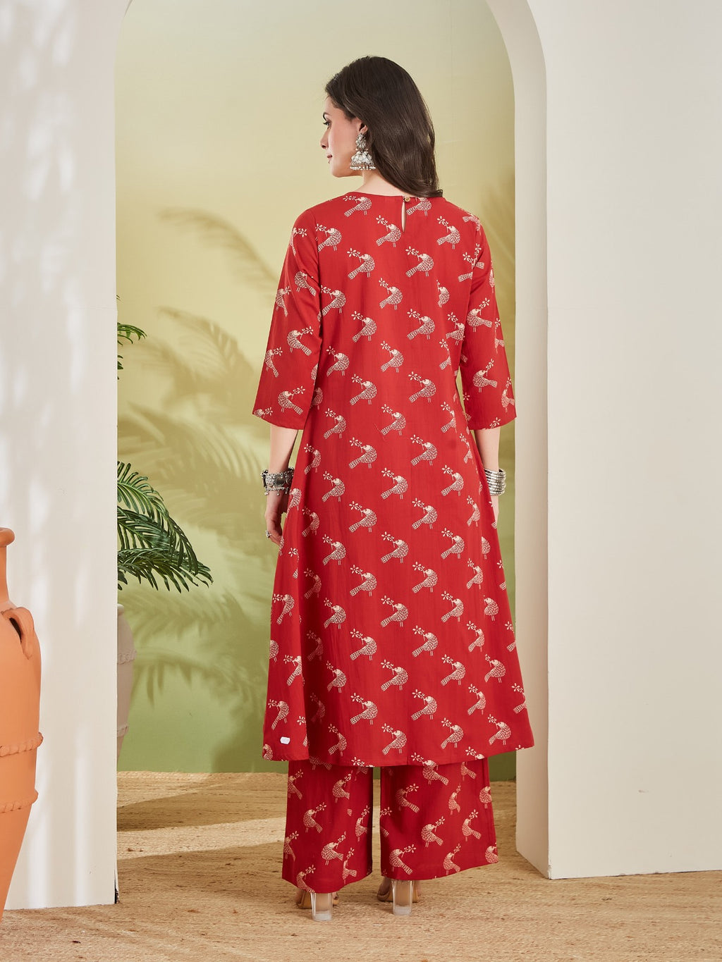Pure Cotton Quirky Print A-Line Red Kurta With Pants