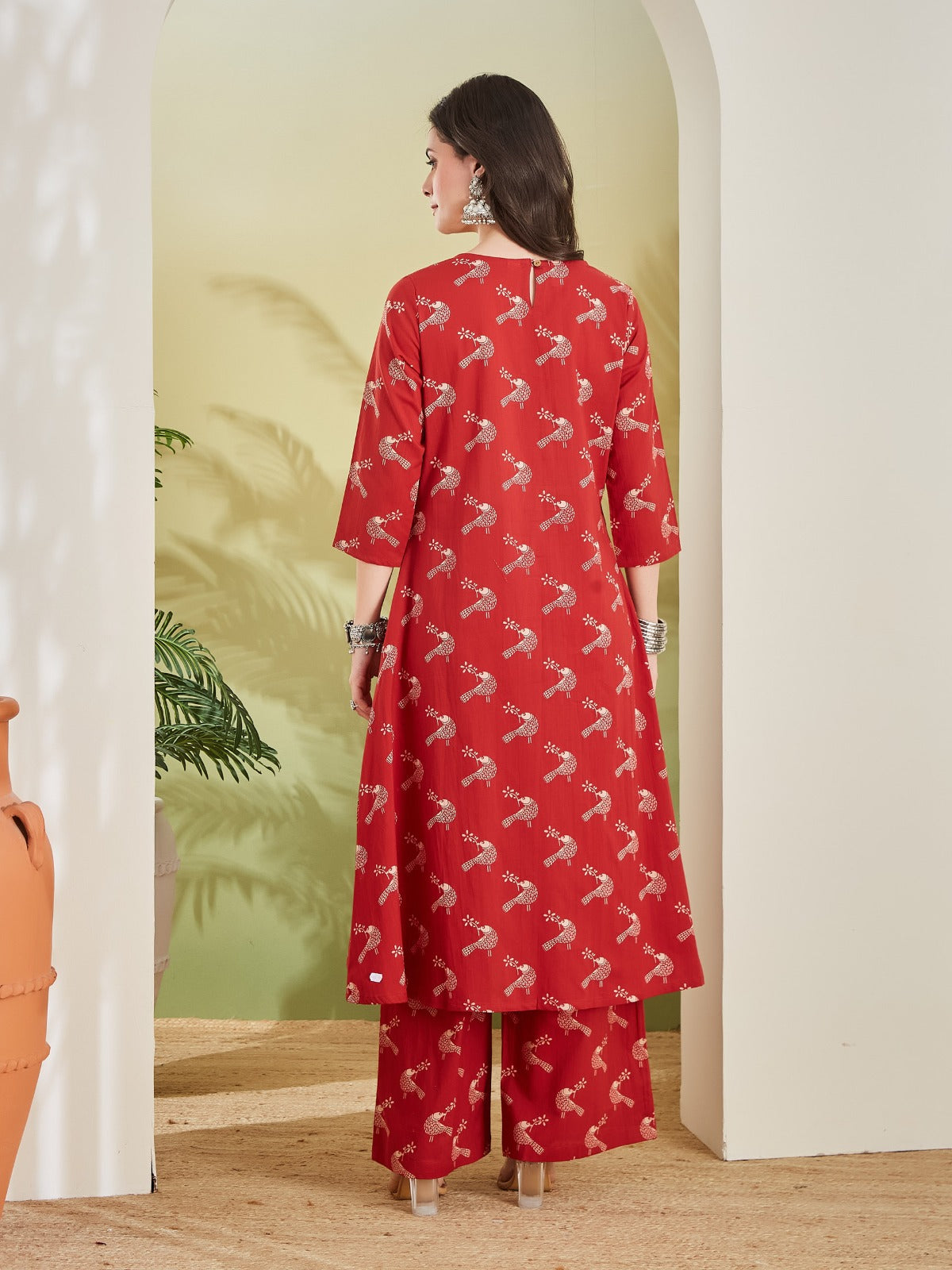 Pure Cotton Quirky Print A-Line Red Kurta With Pants
