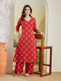 Pure Cotton Quirky Print A-Line Red Kurta With Pants