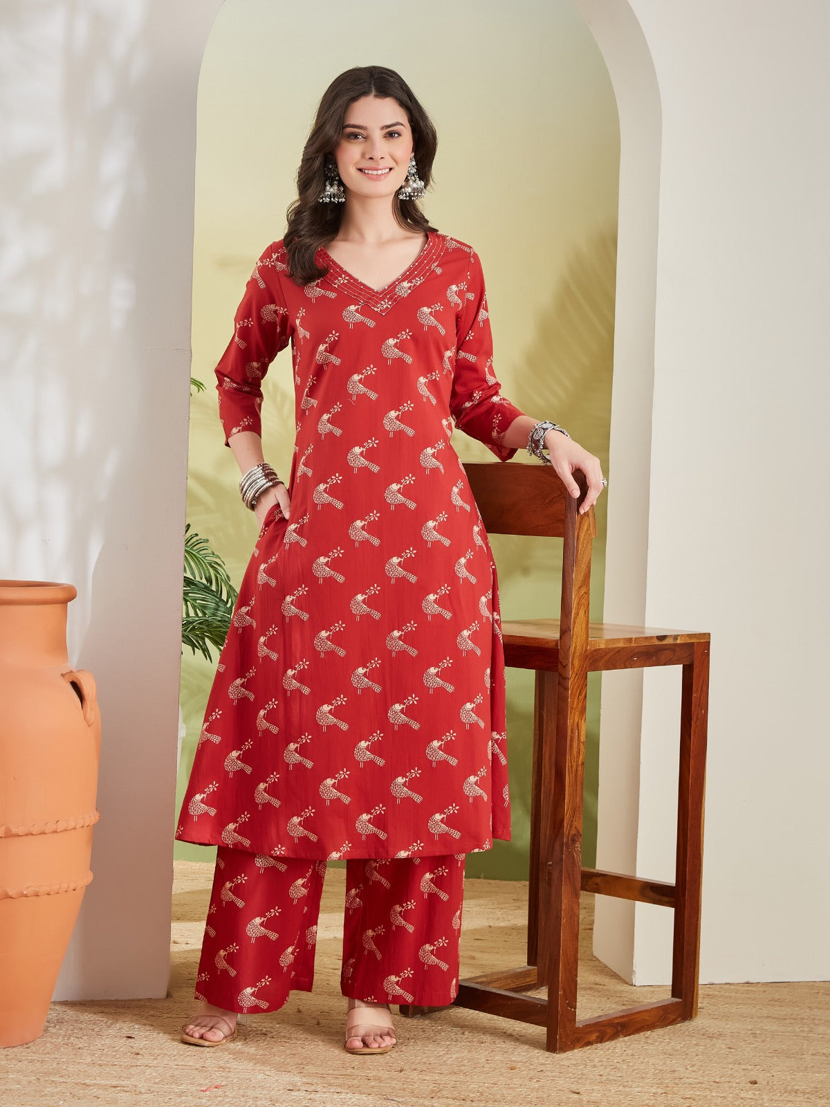 Pure Cotton Quirky Print A-Line Red Kurta With Pants