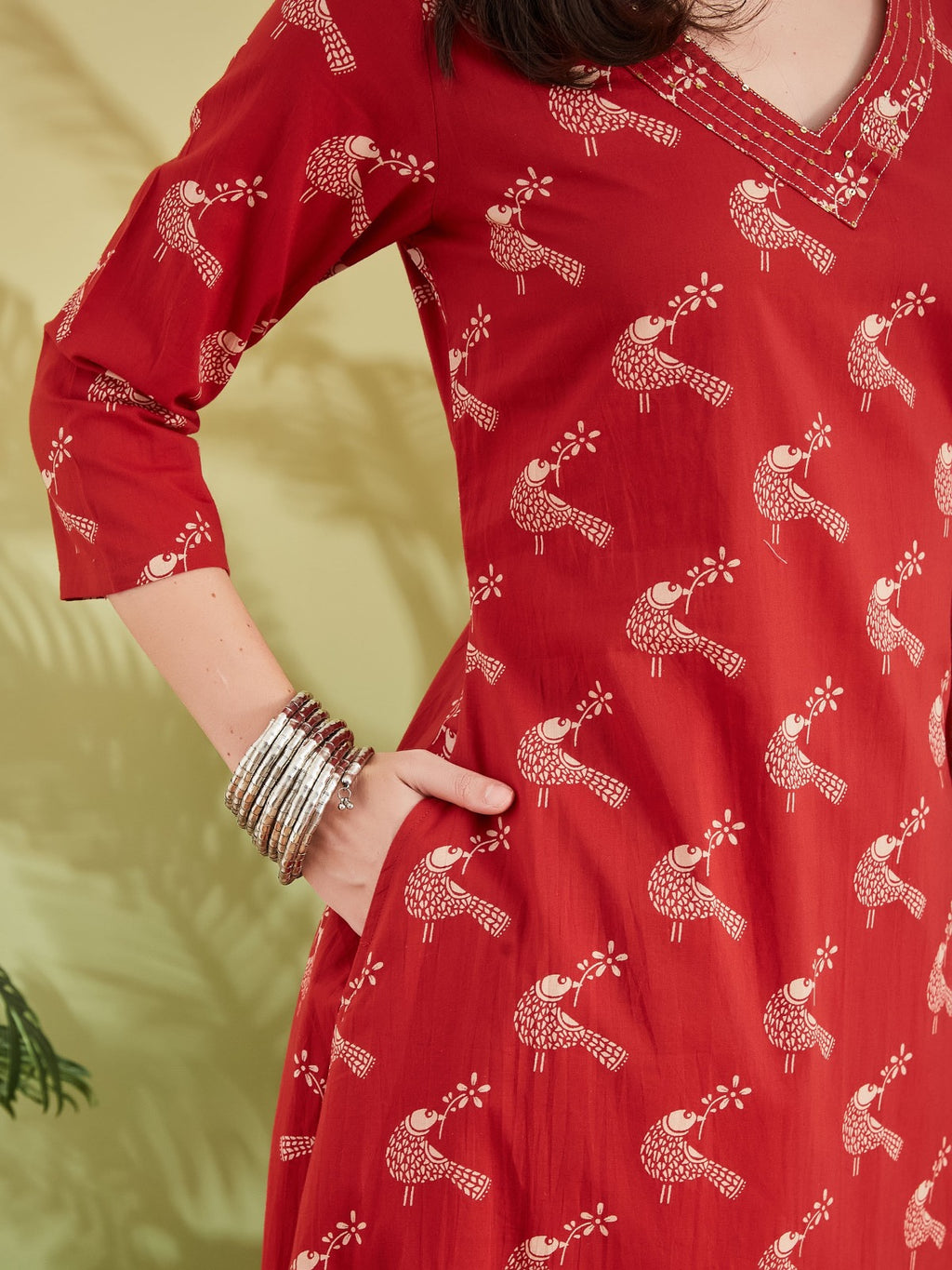 Pure Cotton Quirky Print A-Line Red Kurta With Pants