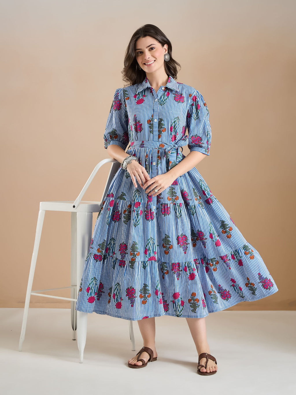 Floral Print Pure Cotton Blue Shirt Dress