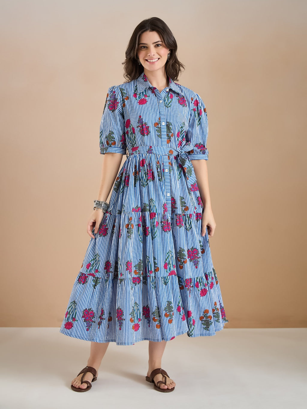 Floral Print Pure Cotton Blue Shirt Dress