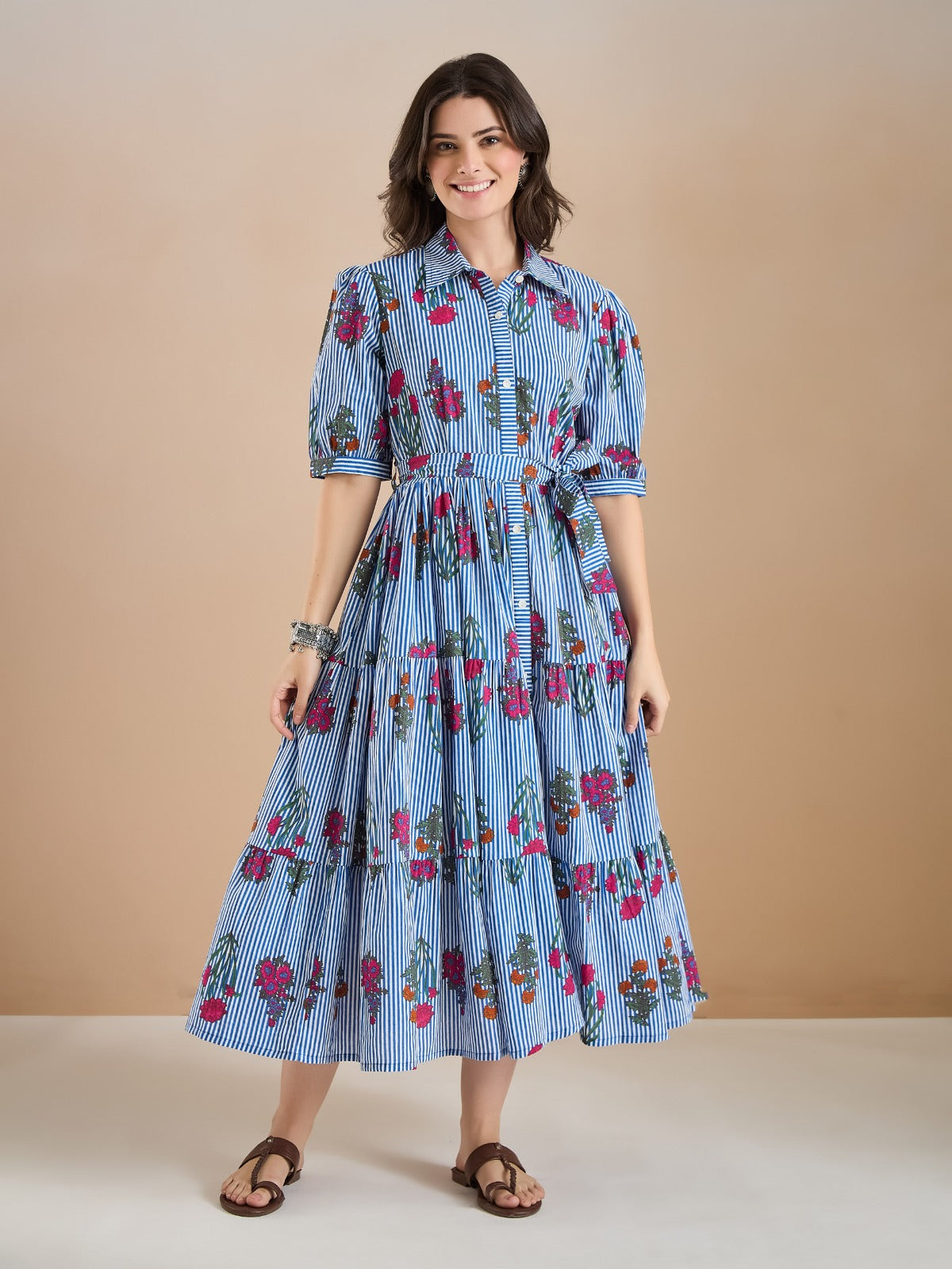 Women’s Floral Print Pure Cotton Blue Shirt Dress