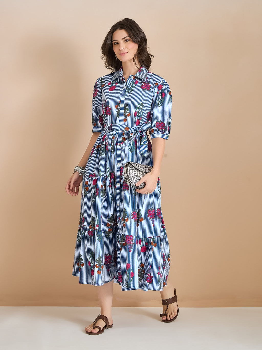 Floral Print Pure Cotton Blue Shirt Dress