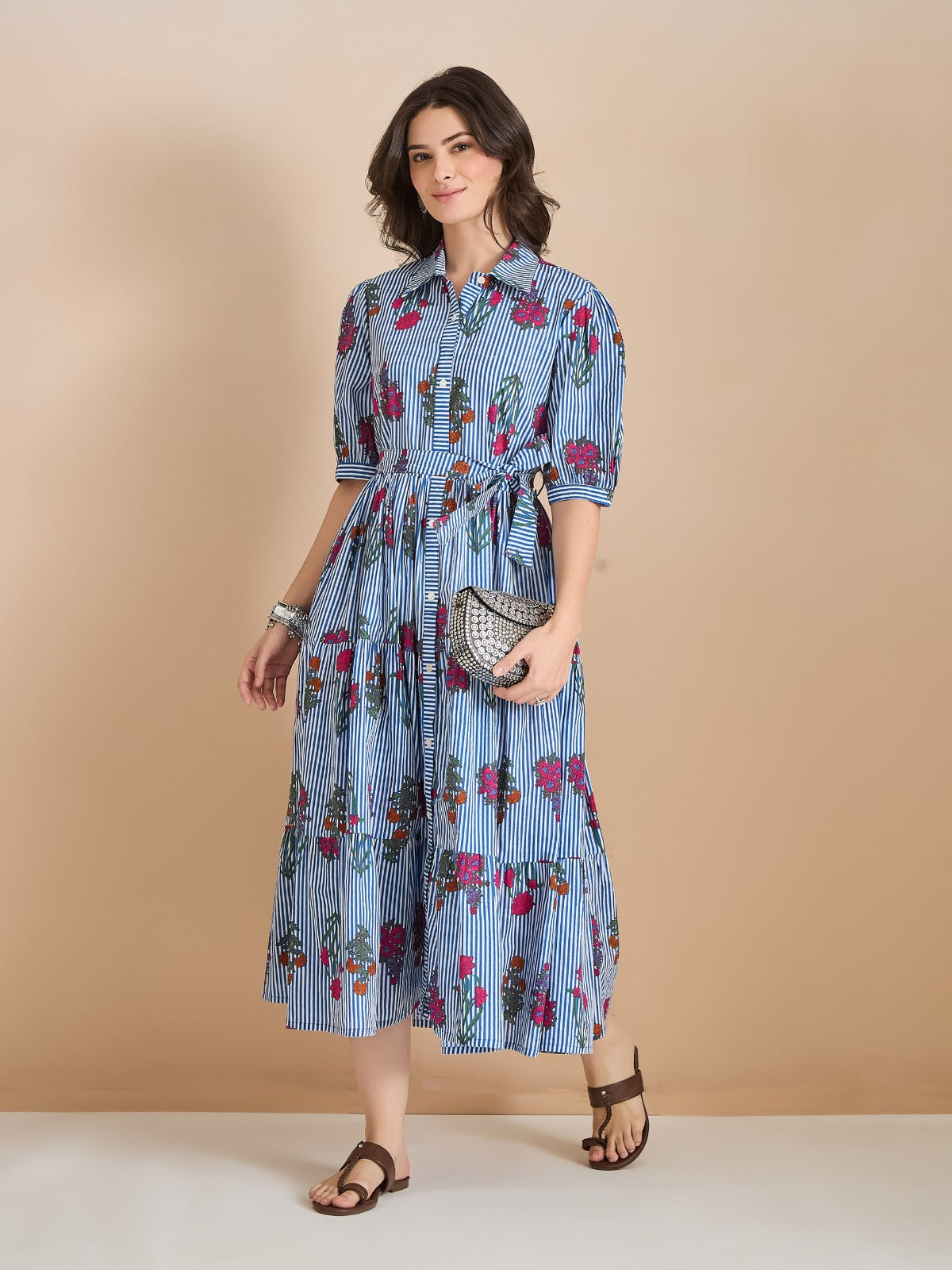 Floral Print Pure Cotton Blue Shirt Dress