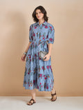 Women’s Floral Print Pure Cotton Blue Shirt Dress