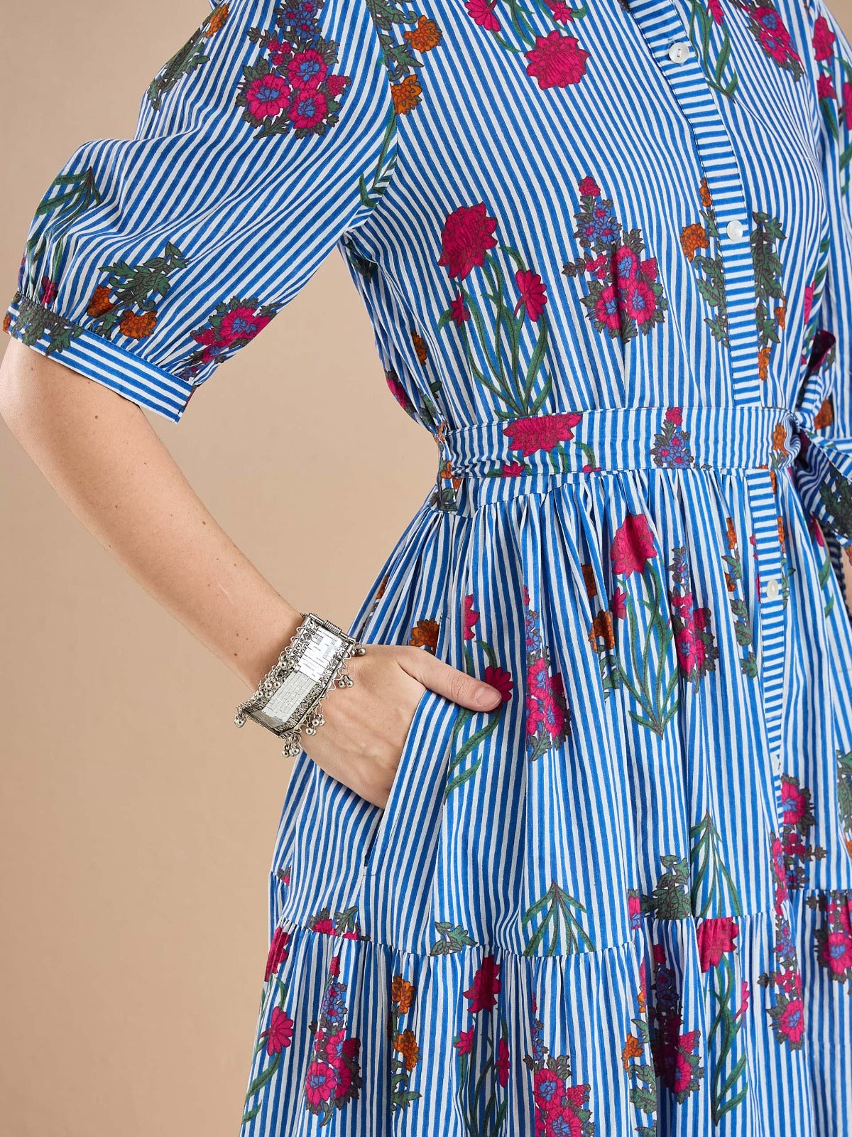 Floral Print Pure Cotton Blue Shirt Dress