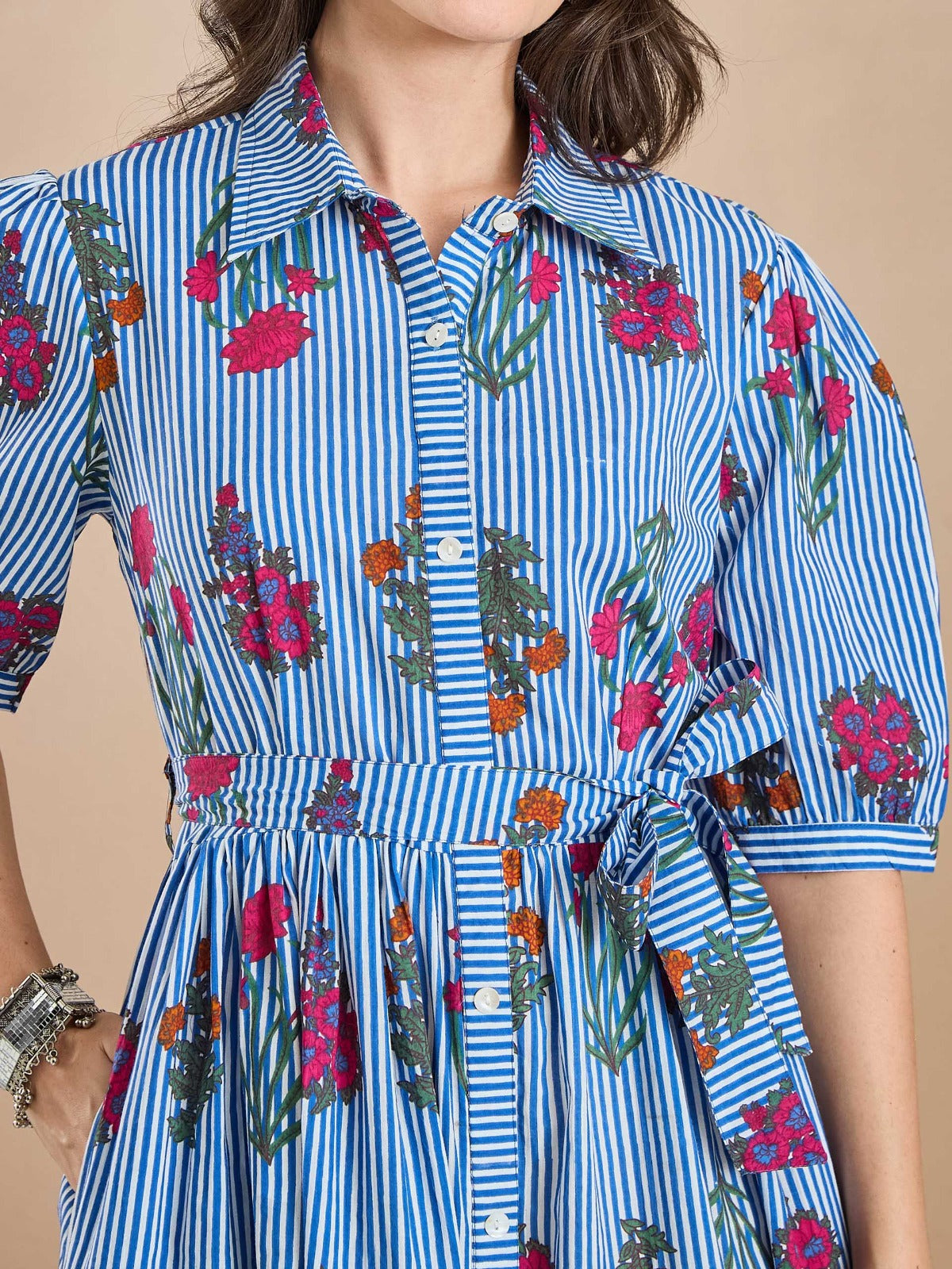 Women’s Floral Print Pure Cotton Blue Shirt Dress