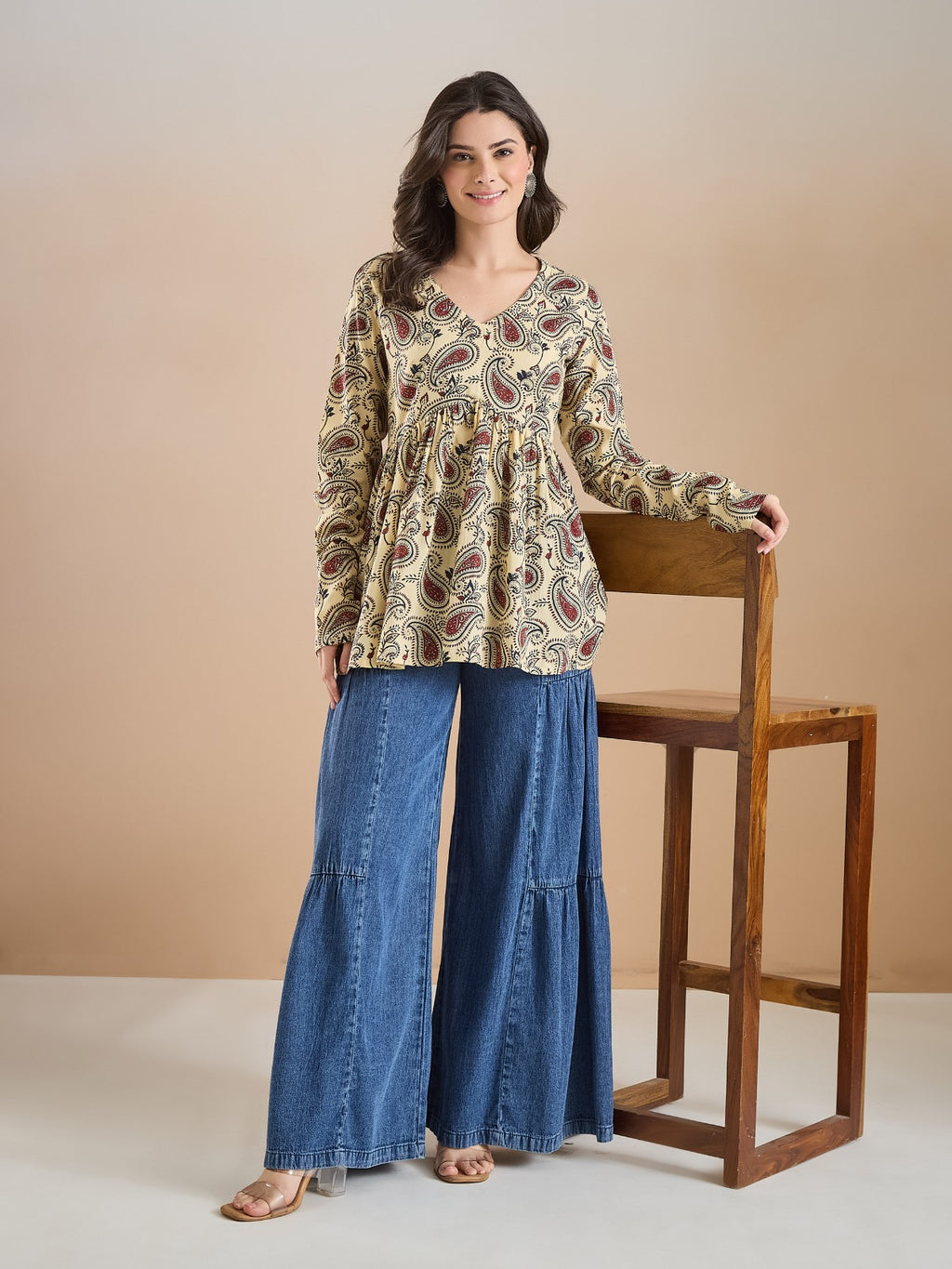 Women’s Paisley Print Pure Cotton Cream Peplum Top