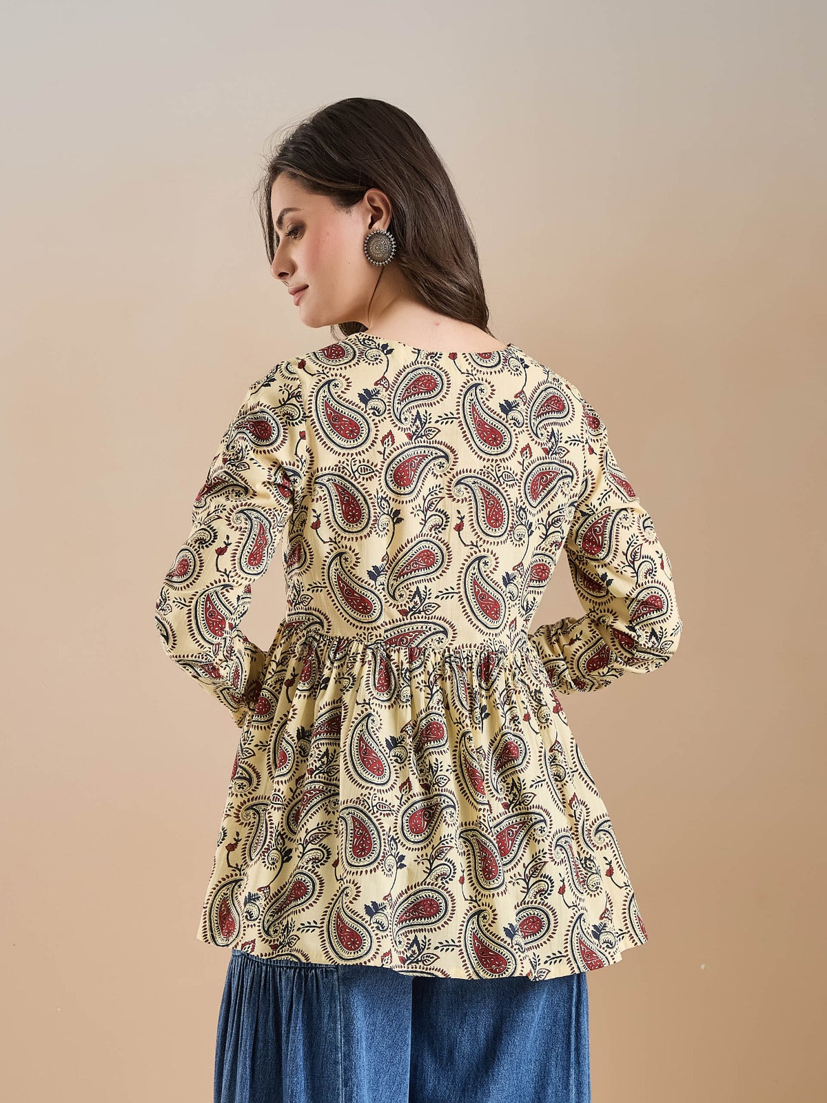 Women’s Paisley Print Pure Cotton Cream Peplum Top