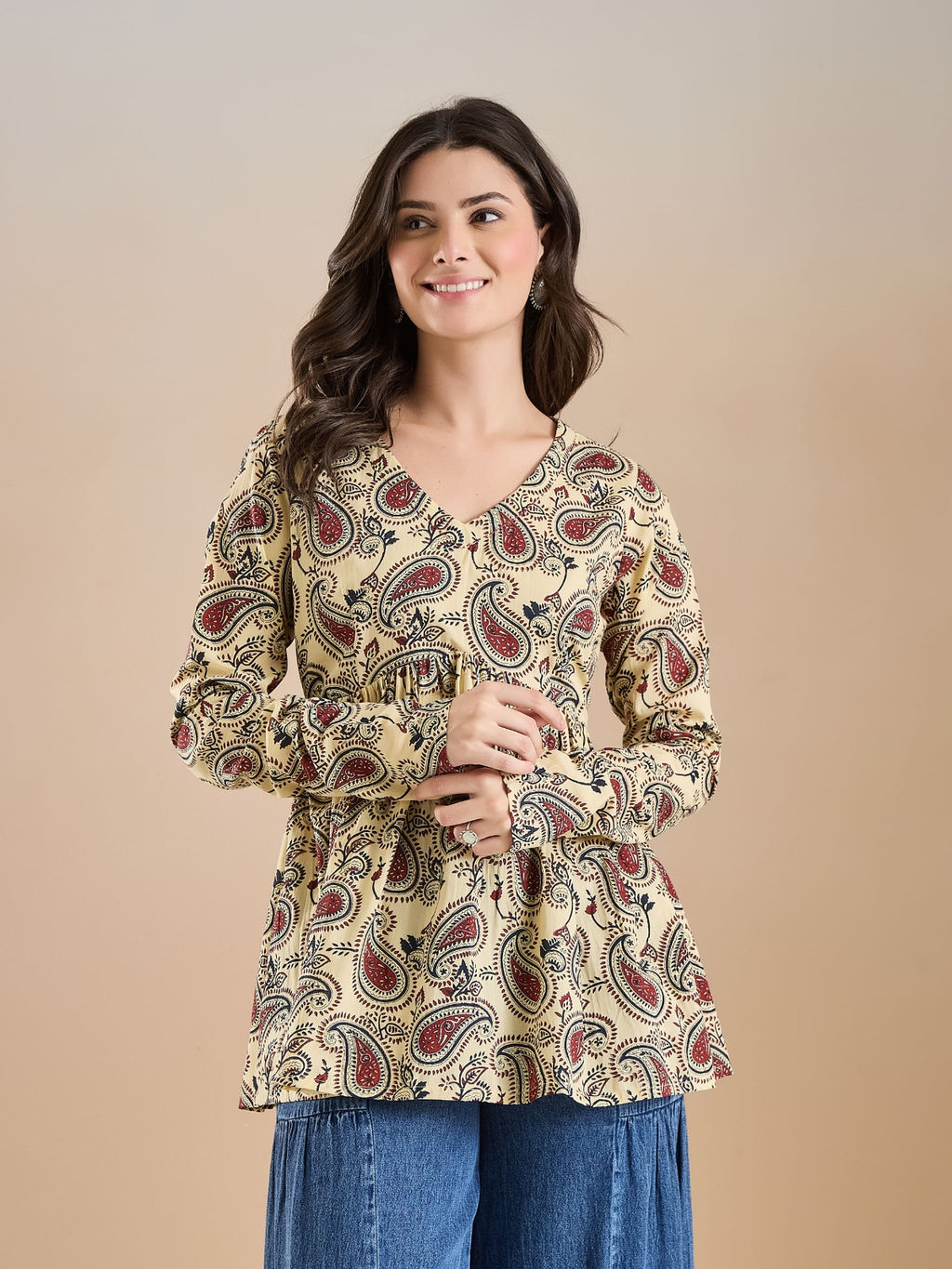 Women’s Paisley Print Pure Cotton Cream Peplum Top