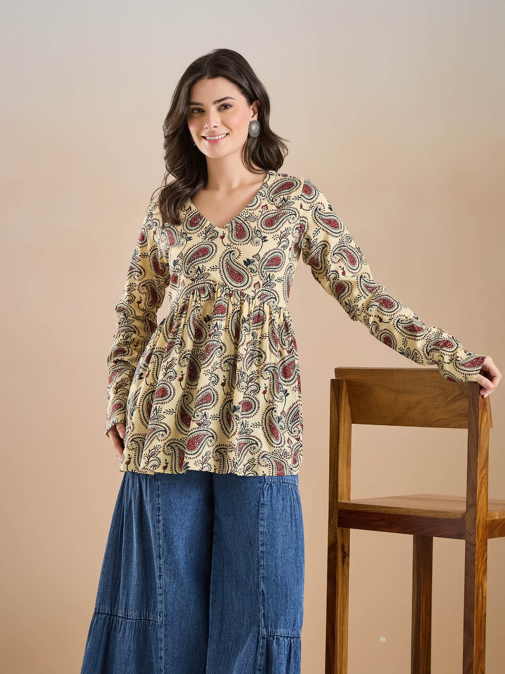 Women’s Paisley Print Pure Cotton Cream Peplum Top