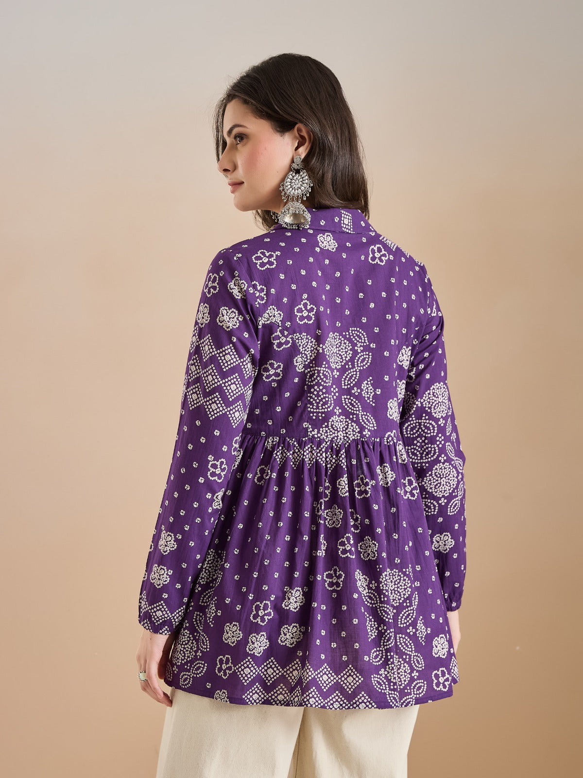 Women’s Purple Bandhani Print Pure Cotton Peplum Top