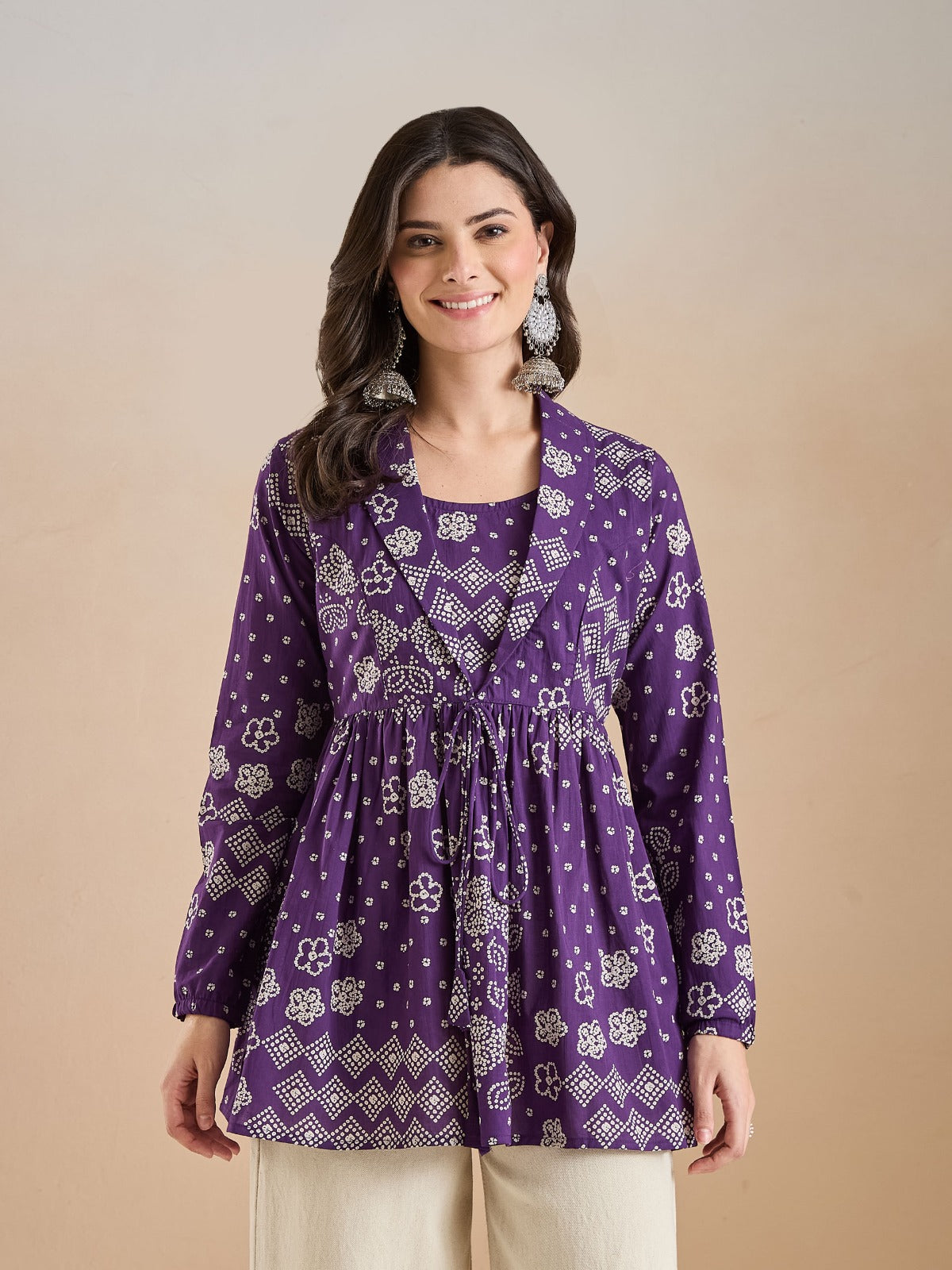 Women’s Purple Bandhani Print Pure Cotton Peplum Top