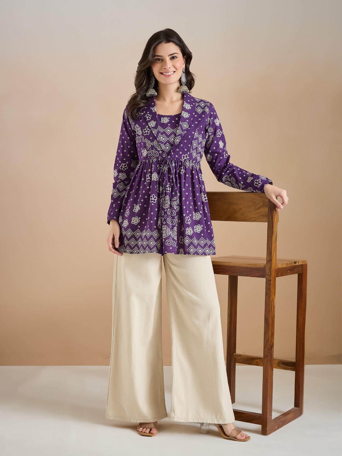 Women’s Purple Bandhani Print Pure Cotton Peplum Top