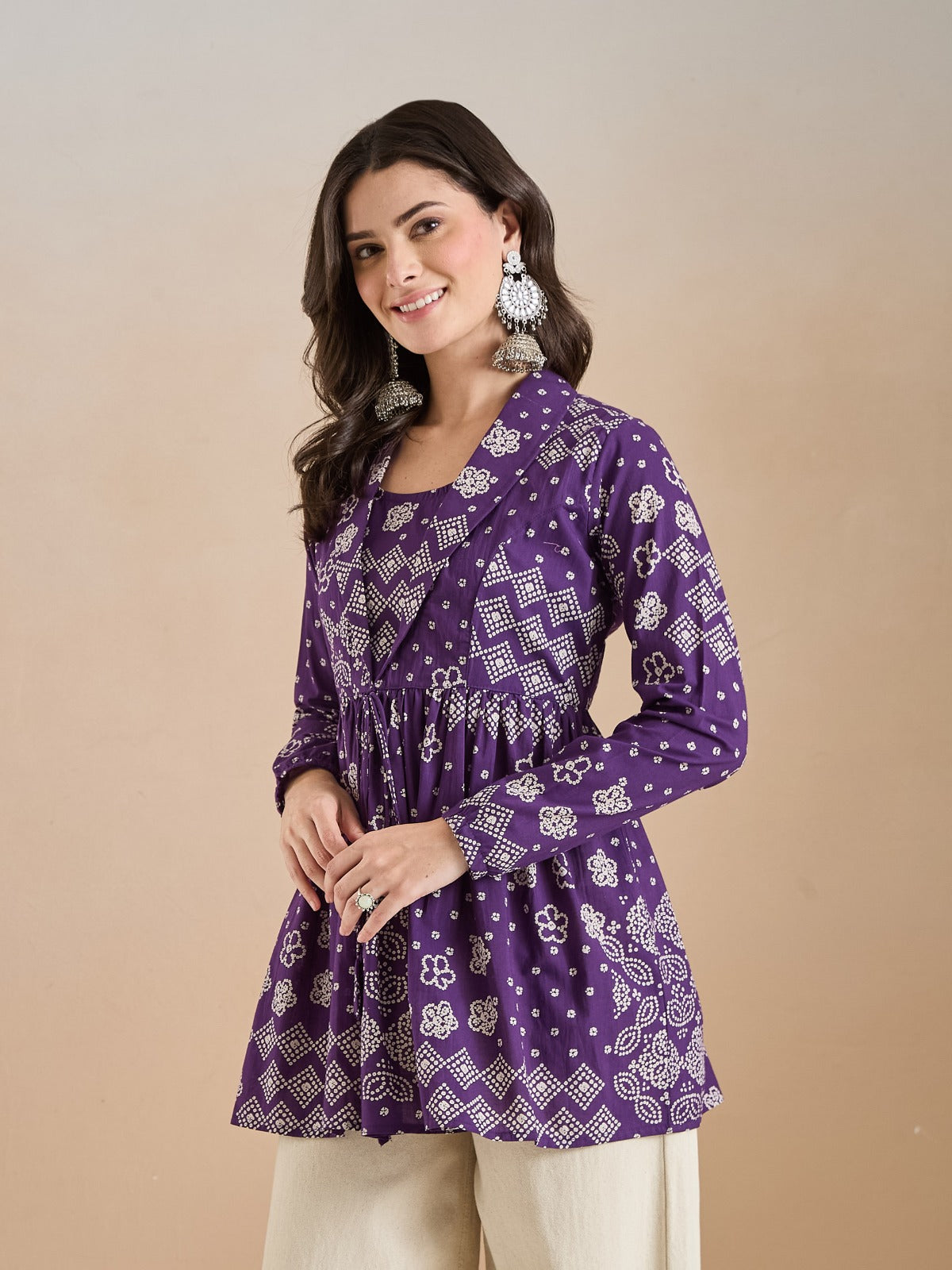 Women’s Purple Bandhani Print Pure Cotton Peplum Top