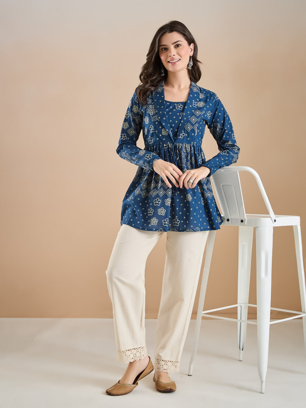 Women’s Blue Bandhani Print Pure Cotton Peplum Top