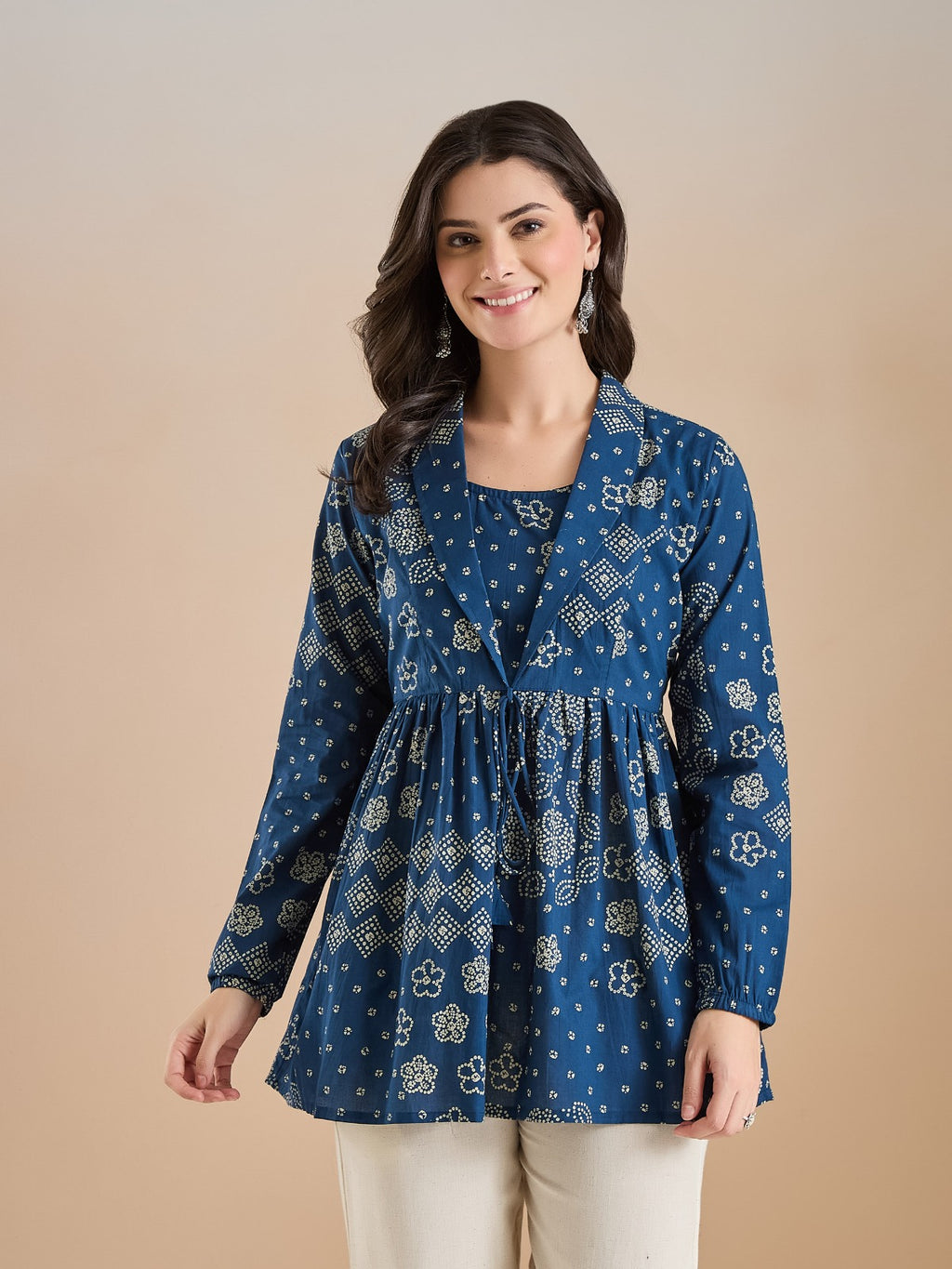 Women’s Blue Bandhani Print Pure Cotton Peplum Top