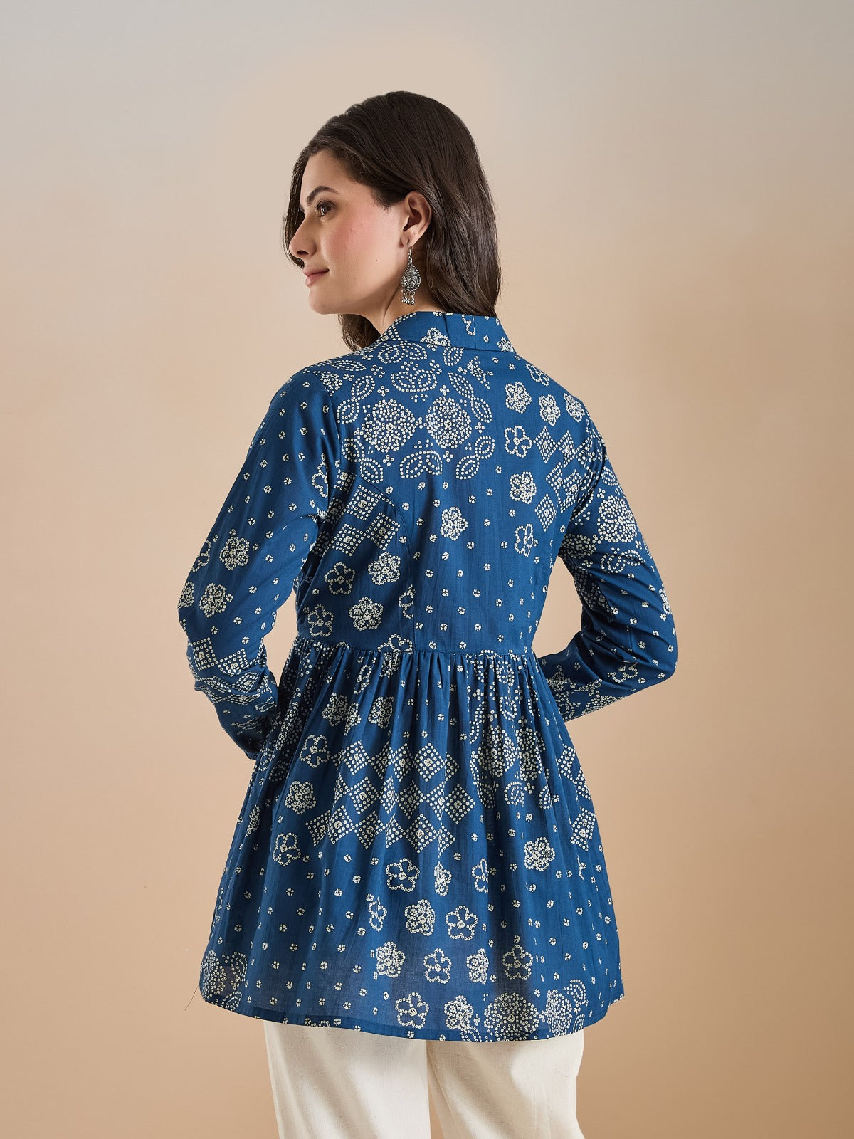 Women’s Blue Bandhani Print Pure Cotton Peplum Top