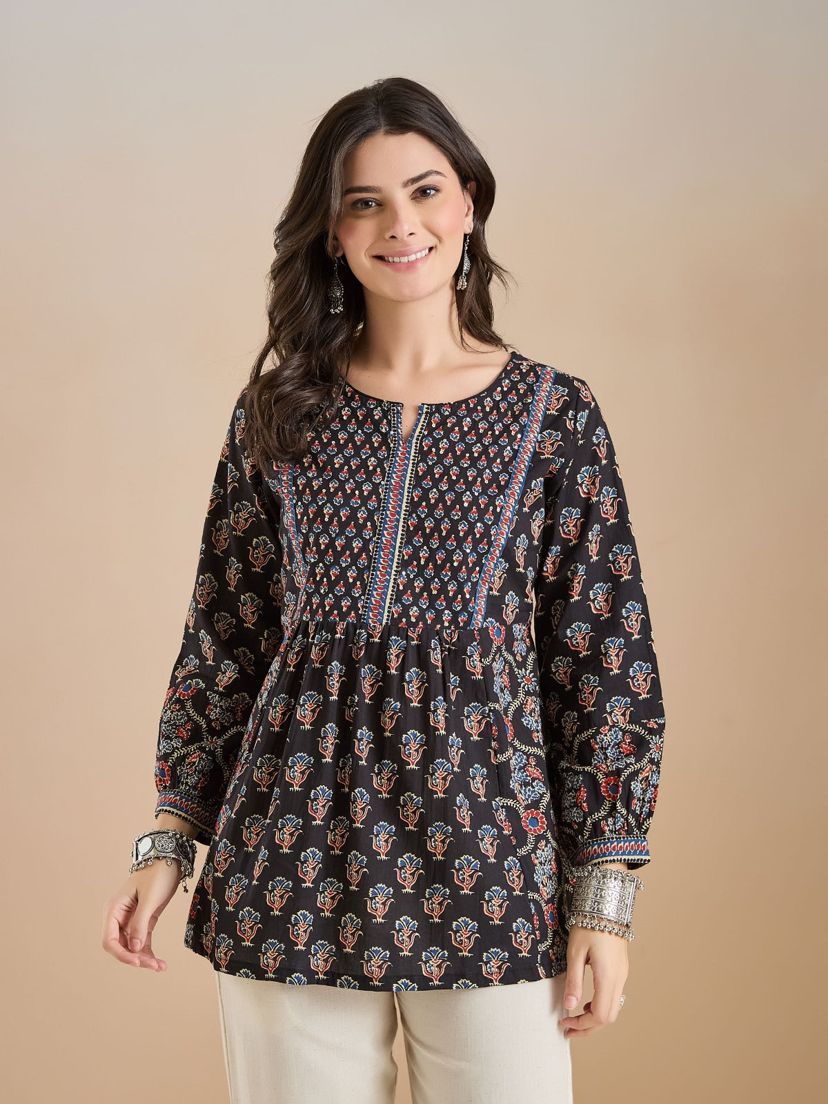Women’s Floral Print Pure Cotton Black Peplum Top