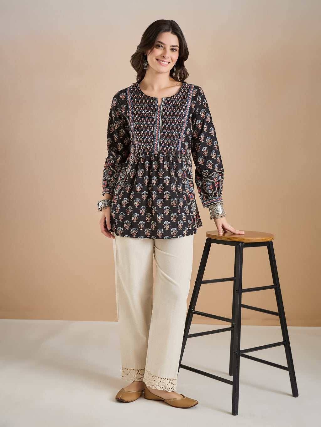 Women’s Floral Print Pure Cotton Black Peplum Top