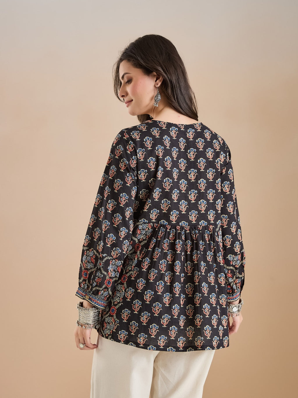 Women’s Floral Print Pure Cotton Black Peplum Top